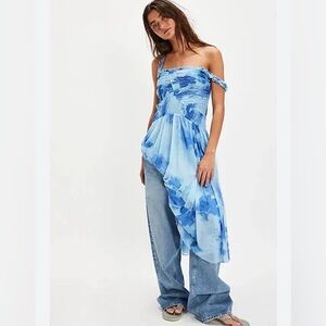 Free People Tessa Smocked Midi Dress in Baby Blue Combo Sz Large